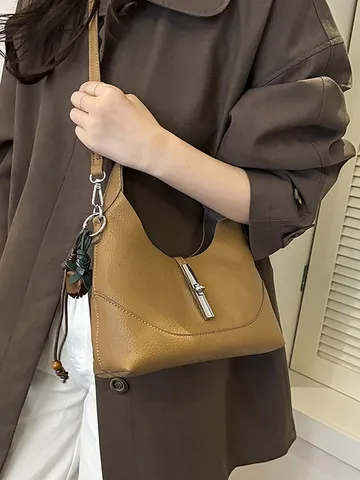 Chic PU Leather Dumpling Crossbody Bag For Women Elegant Solid Color Litchi Pattern Shoulder Bag With Top Handle Everyday Sling Handbag