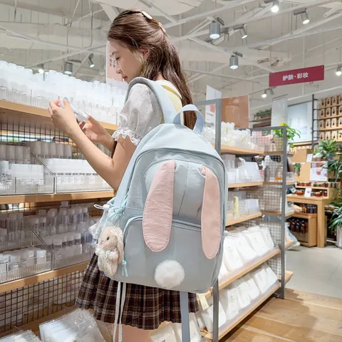 Zoete Nylon Schoolrugzak Voor Meisjes Schattige Cartoon Konijnenoren Student Rugzak Lichtgewicht Reistas Outdoor Tas Voor Dames