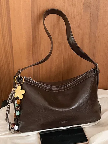 Women Fashion PU Leather Shoulder Bag Large Capacity Solid Color Hobo Crossbody Bag All-Match Commuting Satchel Purse For Daily Work