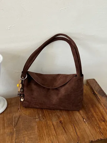 Vintage Wildleder Unterarmtasche Für Damen Große Kapazität Schultertasche Mit Quasten Blume Anhänger Lässig Einfarbig Top Griff Pendeln Handtasche