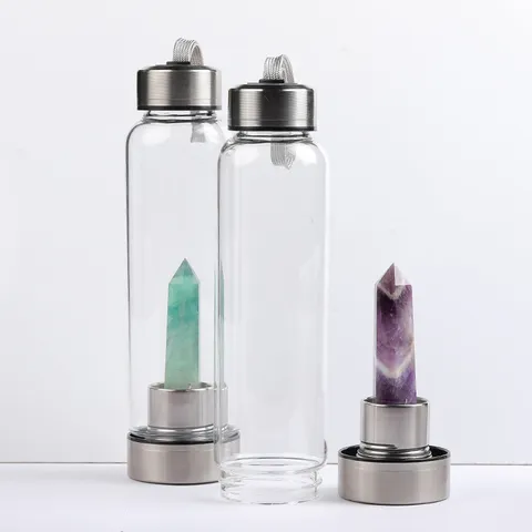 Natural Crystal Pillar Energy Glass Water Bottle Stainless Steel Base High Borosilicate Drinking Cup Portable Sports Gemstone Flask