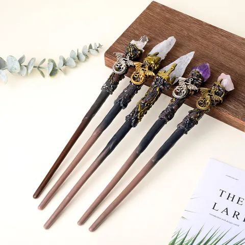 Retro Natural Crystal Magic Wand Raw Stone Fairy Stick Fantasy Dragon Owl Decor For Cosplay Witch Gothic Home Decoration Gift