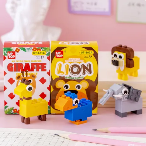 Kinder DIY Baustein Bleistiftspitzer Süßes Tier Puzzle Schreibwaren Kunststoff Bleistiftspitzer Schule Bürobedarf