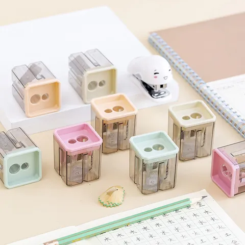 Morandi Color Double Hole Pencil Sharpener Student Geometric Manual Sharpener Transparent Shavings Box School Stationery