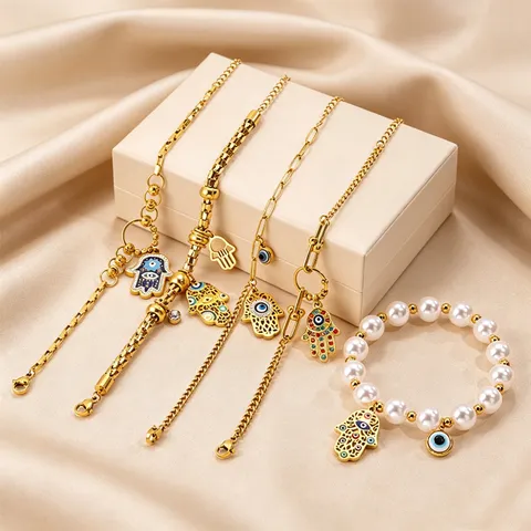 Stainless Steel Gold Hamsa Hand Evil Eye Bracelet For Women Turkish Lucky Fatima Hand Pendant Chain Bracelet Artificial Pearl Rhinestone Inlaid Jewelry