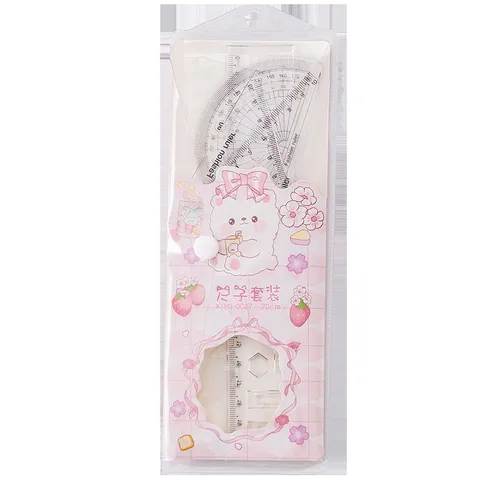 Set de Règle en Plastique de Dessin Animé Mignon Règle Triangle Transparente Rapporteur Papeterie d'Étudiant Fournitures Scolaires