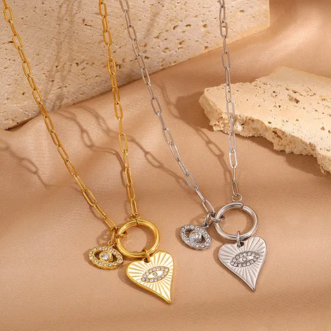 Titanium Steel Evil Eye Heart Pendant Necklace For Women Gold Silver Rhinestone Paperclip Chain Clavicle Necklace Gift