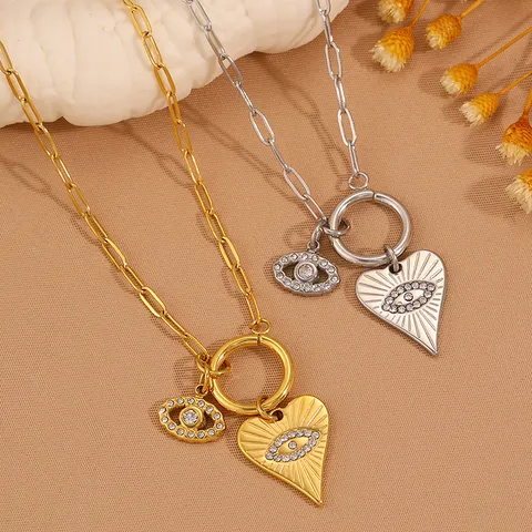 Titanium Steel Evil Eye Heart Pendant Necklace For Women Gold Silver Rhinestone Paperclip Chain Clavicle Necklace Gift