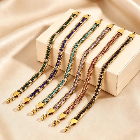 Stainless Steel Colorful Rhinestone Bracelet for Women Light Luxury Non-Fading Claw Chain Link Bracelet Fashion Jewelry Gift