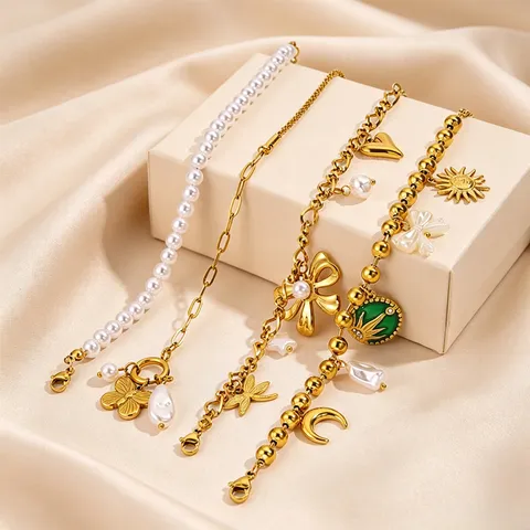 Retro Stainless Steel Artificial Pearl Bracelet For Women Gold Silver Plated Bowknot Heart Multi Pendant Chain Bracelet Fashion Charm Jewelry Gift