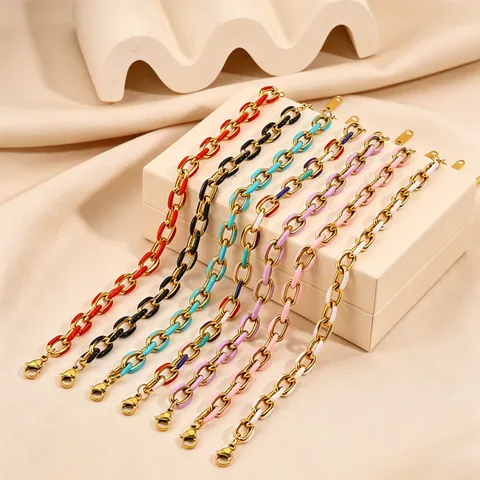 Fashion Stainless Steel Colorful Enamel Cuban Chain Bracelet For Women Bohemian Style Titanium Steel Link Chain Jewelry