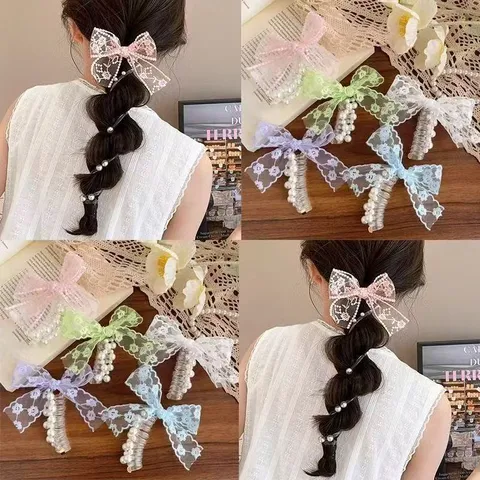 Sweet Lace Bow Artificial Pearl Telephone Wire Hair Tie Spiral Hair Ring For Women Girls French Elegant Hair Accessories