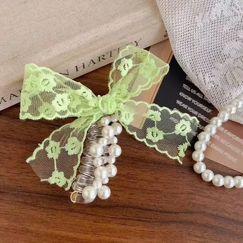 Sweet Lace Bow Artificial Pearl Telephone Wire Hair Tie Spiral Hair Ring For Women Girls French Elegant Hair Accessories