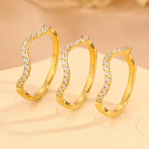 Heart Crown Rhinestone Open Ring For Women 18K Gold Plated Stainless Steel V Shaped Wave Stackable Ring Small Design Fashion Jewelry Finger Ring