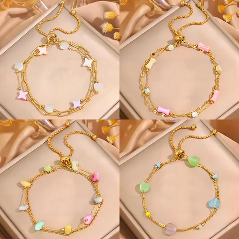 Fashion Stainless Steel Stacking Bracelet For Women Gold Color Adjustable Bolo Chain Heart Star Geometric Artificial Pearl Multi-Layer Beads Bracelet Gift Jewelry