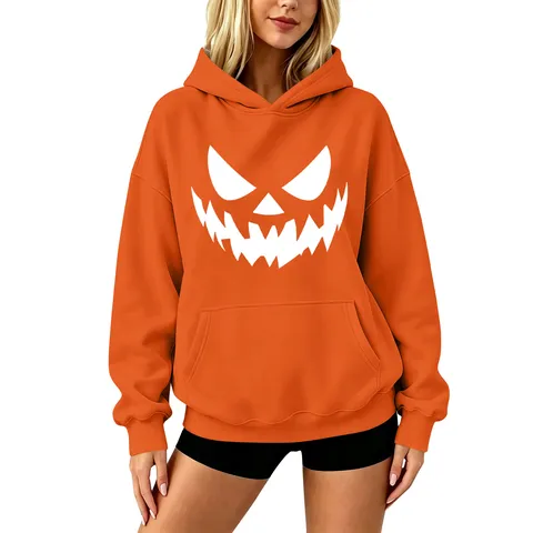 Hombres Mujeres Unisex Sudadera Casual Estampado de Calabaza de Halloween Manga Larga Jersey Hombros Caídos Bolsillo Con Capucha