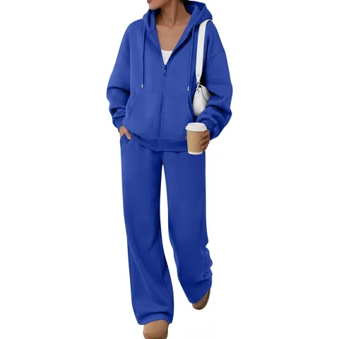 Conjunto Unisex de Sudadera con Cremallera de Forro Polar Liso y Pantalón Ancho Conjunto Casual de Parte Superior e Inferior