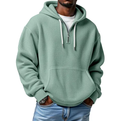 Men's Casual Waffle Knit Quarter Zip Hoodie Long Sleeve Loose Fit Drawstring Pullover Sweatshirt With Kangaroo Pocket