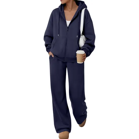 Conjunto Unisex de Sudadera con Cremallera de Forro Polar Liso y Pantalón Ancho Conjunto Casual de Parte Superior e Inferior