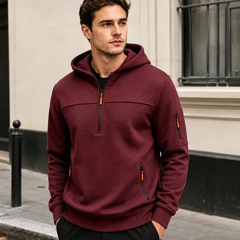 Herren Gefütterter Halb-Reißverschluss Kapuzensweatshirt Lässiger Langarm Pullover Herbst Winter Mehrere Taschen Sport Oberbekleidung