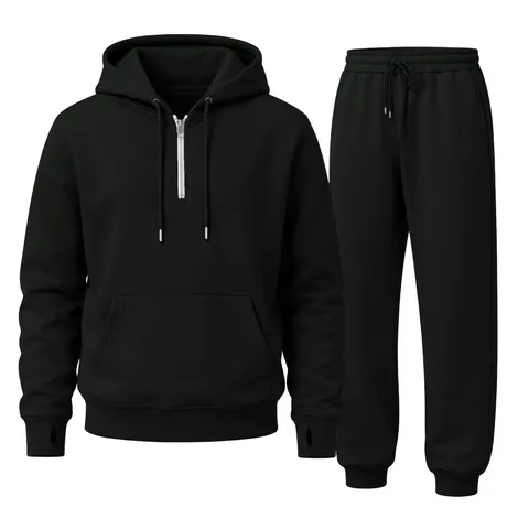 Unisex Casual Fleece Gevoerd Trainingspak Halve Rits Hoodie En Joggingbroek Set Lange Mouw Winter Sportkleding
