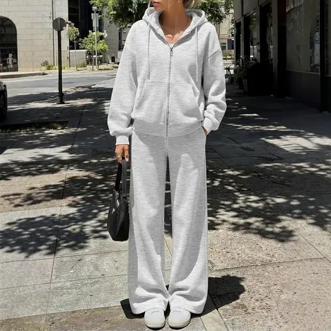 Women Casual Long Sleeve Hooded Zipper Hoodie And Straight Sweatpants Top And Bottom Set Solid Color Fleece Tracksuit