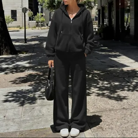 Women Casual Long Sleeve Hooded Zipper Hoodie And Straight Sweatpants Top And Bottom Set Solid Color Fleece Tracksuit