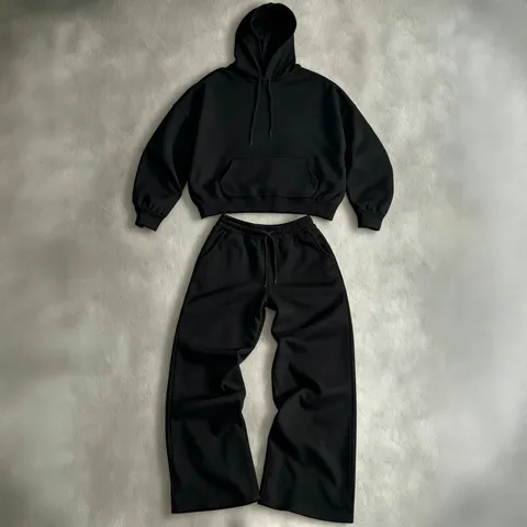 Men Casual Fleece Lined Hooded Top And Bottom Activewear Outfit Long Sleeve Pullover Top And Wide Leg Pants Set