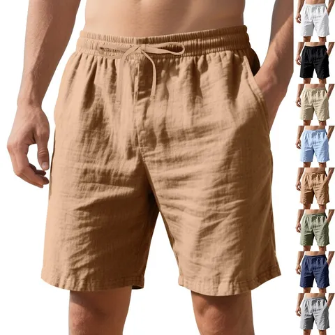 Heren Casual Linnen Shorts Zomer Strand Losse Pasvorm Rechte Broek Met Trekkoord Elastische Taille