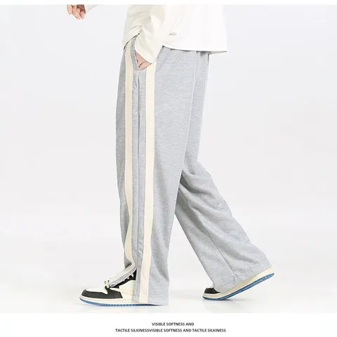 Men Casual Fleece Lined Sweatpants Loose Fit Straight Leg Joggers With Side Stripes Drawstring Winter Pants