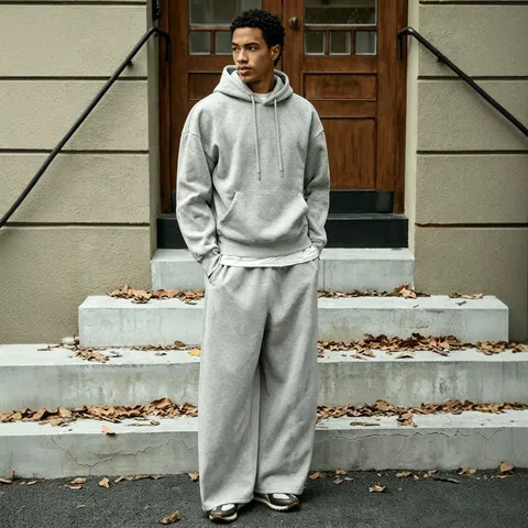 Men's Casual Solid Color Fleece Lined Sports Set Hoodie And Wide Leg Pants Two Piece Set Loose Trend Winter Tracksuit