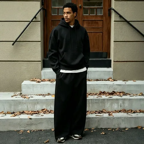 Men's Casual Solid Color Fleece Lined Sports Set Hoodie And Wide Leg Pants Two Piece Set Loose Trend Winter Tracksuit