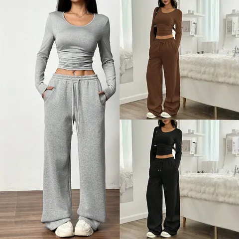 Conjunto Casual de Dos Piezas para Mujer Color Sólido Forrado de Polar Top Corto de Manga Larga y Pantalón Ancho de Chándal