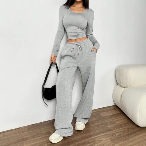 Conjunto Casual de Dos Piezas para Mujer Color Sólido Forrado de Polar Top Corto de Manga Larga y Pantalón Ancho de Chándal
