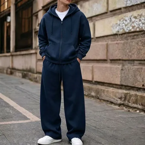 Heren Fleece gevoerd Effen Kleur Rits Hoodie En Wijdte Broek Set Casual Amerikaanse Streetwear Lange Mouw Sportkleding