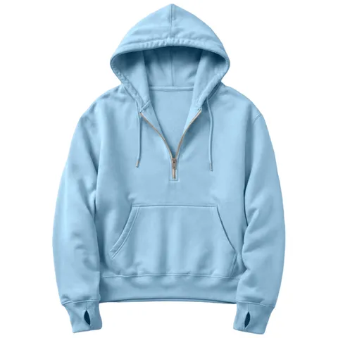 Men Casual Solid Color Long Sleeve Quarter Zip Hoodie Sweatshirt With Pocket Thumb Hole Polyester Fleece Pullover Top