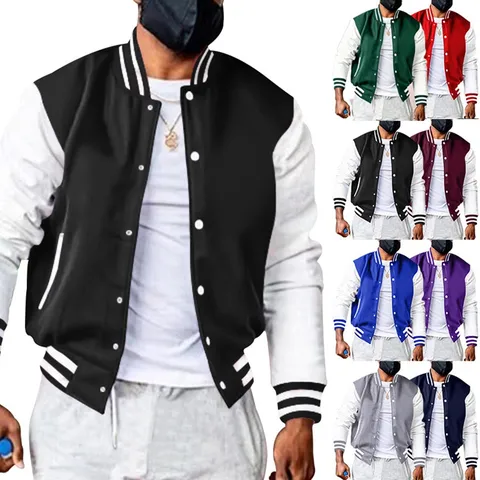 Chaqueta de Béisbol Casual con Bloque de Color para Hombre Otoño Invierno Forro Polar Cuello Alto Manga Larga Abrigo de Abrigo