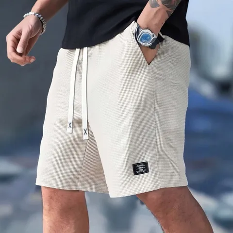 Men's Casual Summer Corduroy Shorts Waffle Grid Straight Fit Drawstring Sports Shorts Beach Fitness Short Pants