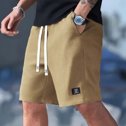 Men's Casual Summer Corduroy Shorts Waffle Grid Straight Fit Drawstring Sports Shorts Beach Fitness Short Pants