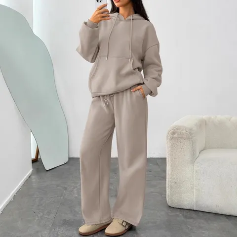 Women Casual Fleece Lined Solid Color Hoodie And Straight Pants Tracksuit Winter Long Sleeve Hooded Top And Bottom Set