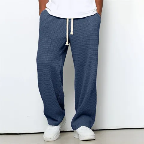 Men's Casual Waffle Knit Trousers Loose Fit Straight Leg Sweatpants Drawstring Athletic Pants Spring Autumn Streetwear