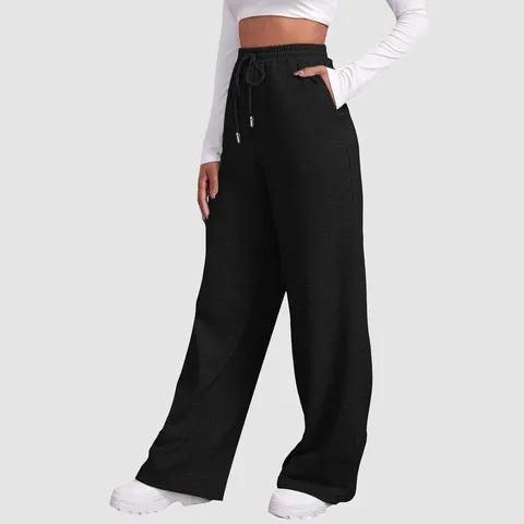 Women High-Waisted Wide-Leg Sweatpants with Fleece Lining and Drawstring