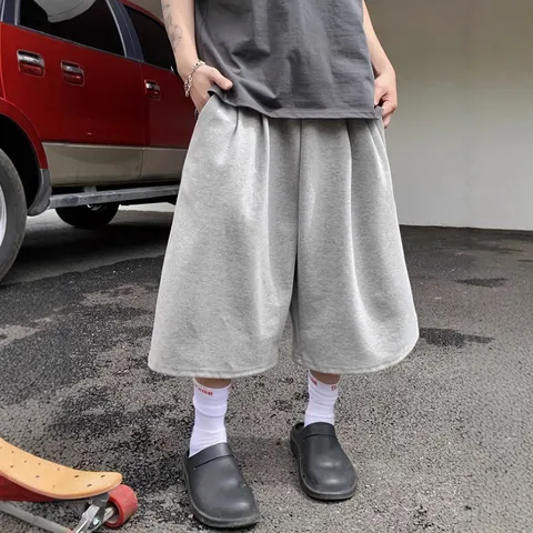 Men's Casual Solid Color Loose Wide Leg Cropped Pants Polyester Sweat Shorts Spring Summer Streetwear Bottoms