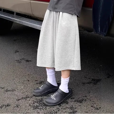 Men's Casual Solid Color Loose Wide Leg Cropped Pants Polyester Sweat Shorts Spring Summer Streetwear Bottoms
