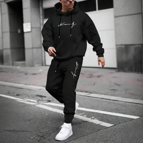 Men's Casual Hooded Sweatshirt And Long Pants Tracksuit Long Sleeve Pullover Sports Outfit With Letter Print