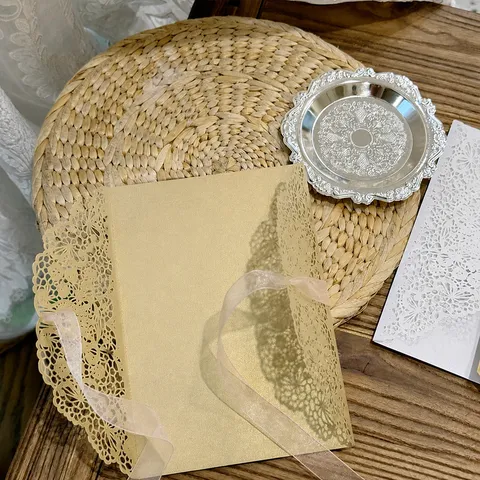 European Style Hollow Invitation Cards With Ribbons Laser Cut Lace Greeting Cards For Wedding Birthday Party Luxury Kraft Paper Cards