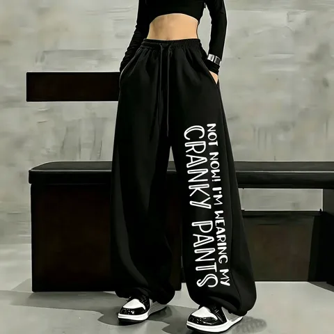 Women Casual Fleece Lined Wide Leg Sweatpants Loose High Waist Drawstring Long Trousers With Letter Print Streetwear