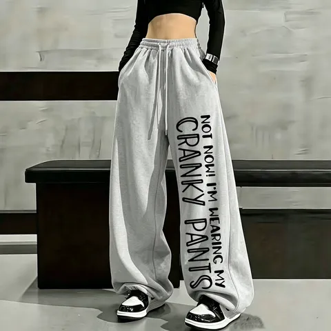 Women Casual Fleece Lined Wide Leg Sweatpants Loose High Waist Drawstring Long Trousers With Letter Print Streetwear