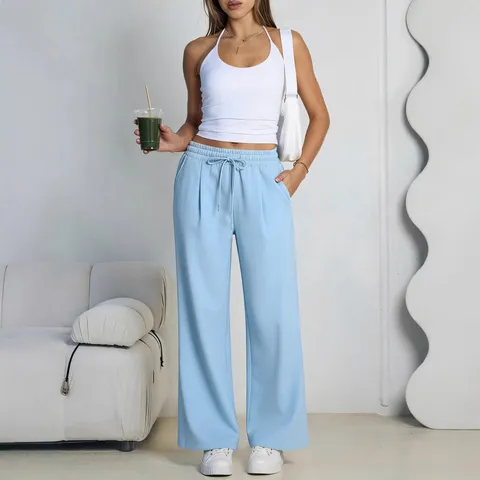 Women Casual Wide Leg Sweatpants Loose Fleece Lined Drawstring Long Pants High Waist Solid Color Joggers Pants