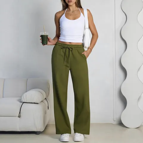 Women Casual Wide Leg Sweatpants Loose Fleece Lined Drawstring Long Pants High Waist Solid Color Joggers Pants